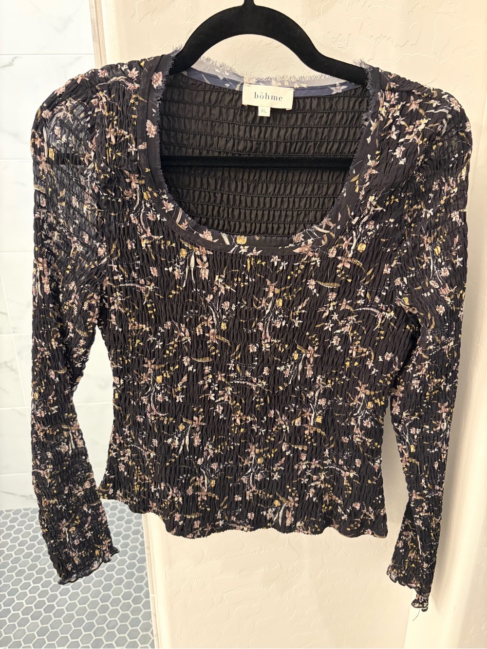 bohme Black Floral Smocked Long Sleeve Top